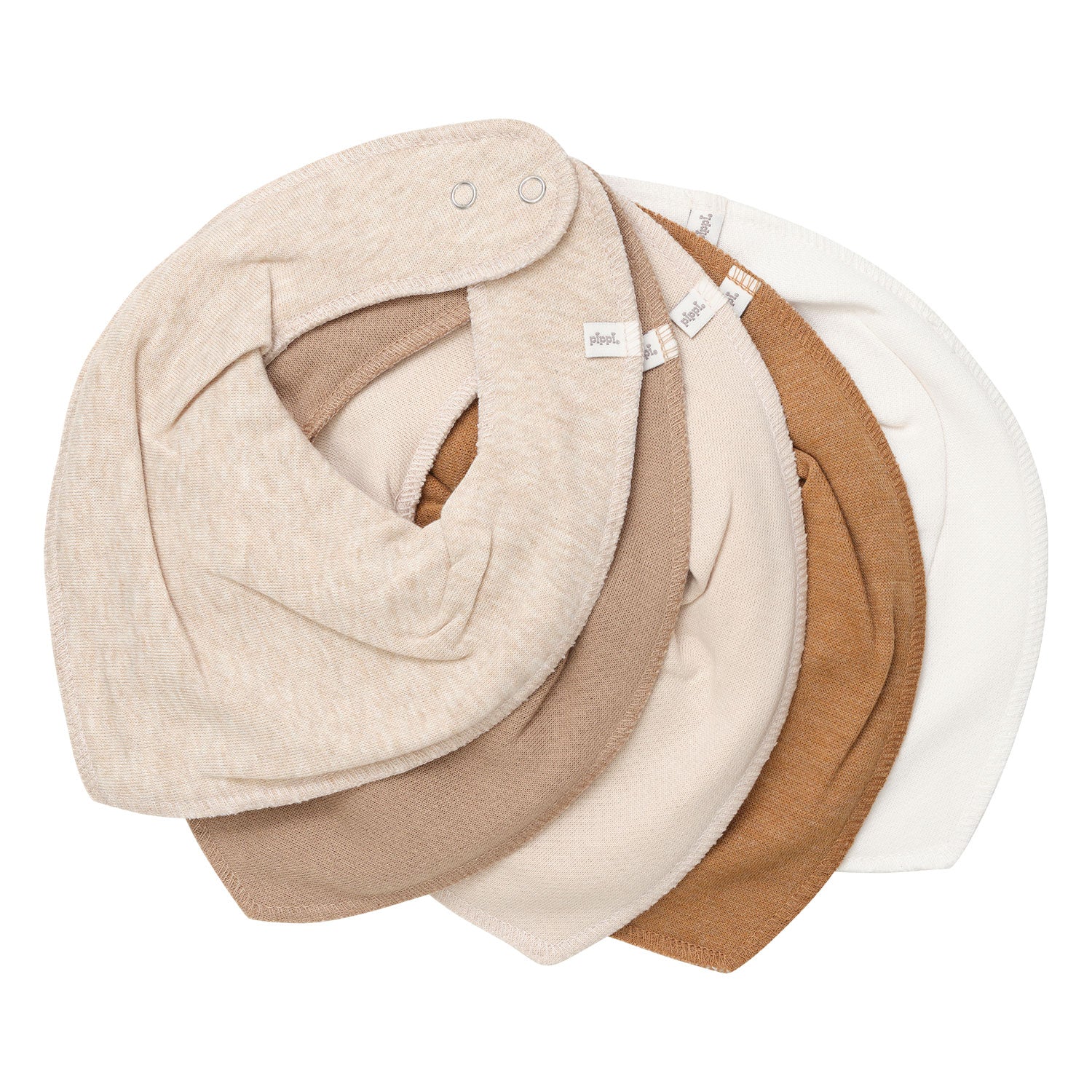 Pippi 5er-Set Dreieckstücher in Beige, Creme, Weiß, Braun und Karamell – weiche Halstücher mit Druckknopfverschluss